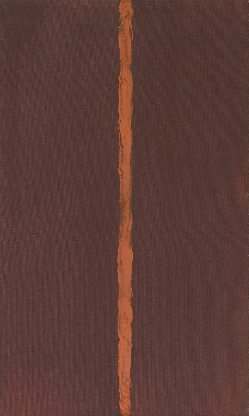 The image features a maroon canvas with a rough vertical stripe of orange running down the center. The stripe has uneven and textured edges, creating a stark contrast with the smooth maroon background. This is an AI generated description. To give feedback, email ai@moma.org.
