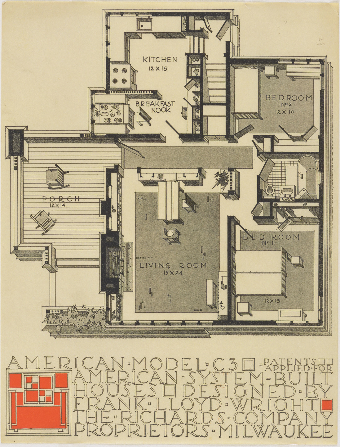 Frank Lloyd Wright. American System-Built Houses for The Richards Company project, (Plan oblique of model C3). 1915–1917