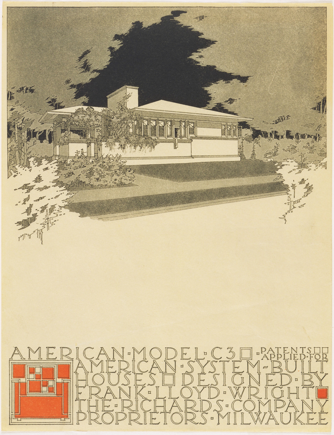 Frank Lloyd Wright. American System-Built Houses for The Richards Company project, (Exterior perspective of model C3). 1915–1917