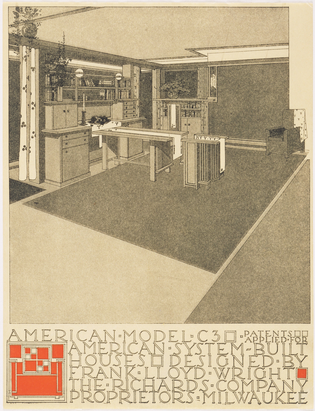 Frank Lloyd Wright. American System-Built Houses for The Richards Company project (Interior perspective of model C3). 1915–1917
