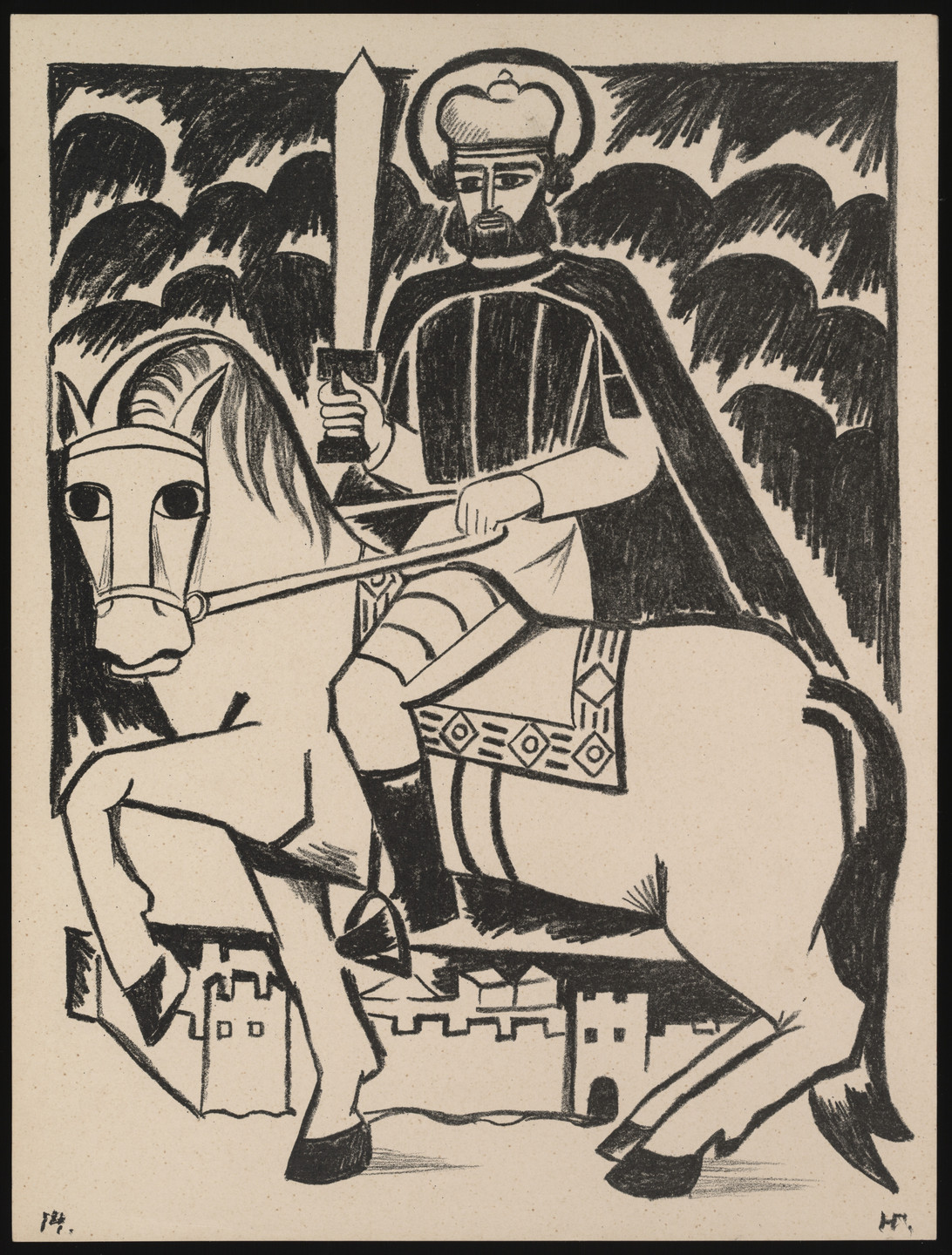A person wearing a crown and holding a sword rides a horse, with a fortress in the background. The image is predominantly black and white with detailed line work and shading. This is an AI generated description. To give feedback, email ai@moma.org.