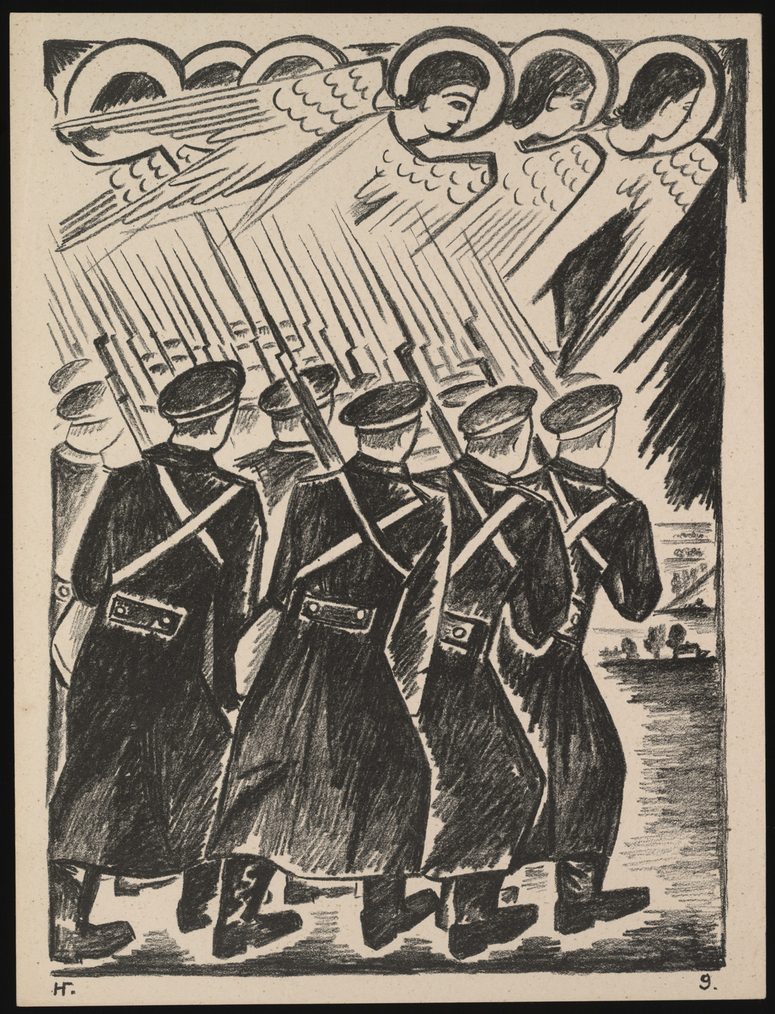 A black-and-white drawing featuring six marching soldiers with rifles on their shoulders and five winged figures with halos above them. The background includes dark clouds and a distant shoreline. This is an AI generated description. To give feedback, email ai@moma.org.