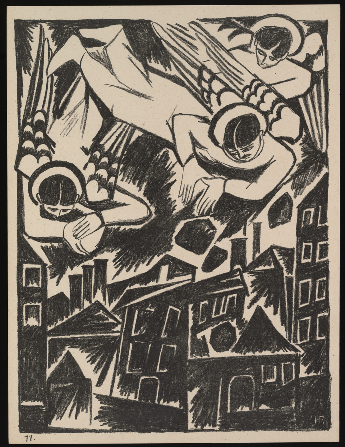The image features three winged figures with halos flying over a dark, angular cityscape with buildings, drawn in black and white. The figures have similar, streamlined shapes, creating a sense of movement. This is an AI generated description. To give feedback, email ai@moma.org.