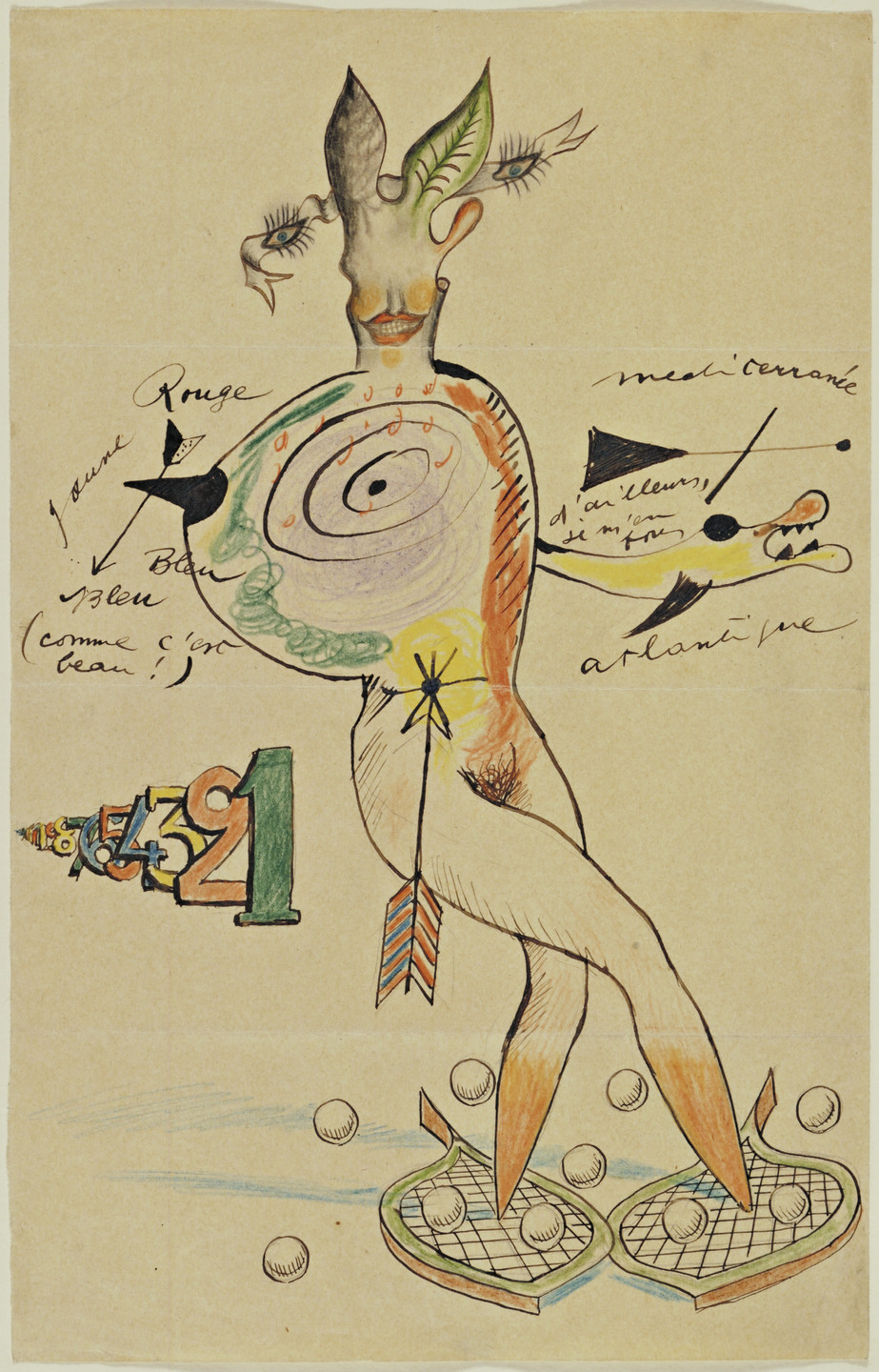 This drawing shows a whimsical, anthropomorphic figure with rabbit-like ears, a woman's nude body, leg-like appendages that come to a point, and snowshoes instead of feet. The figure is surrounded by numbers, balls, cursive writing. The black and white drawing has green, yellow, orange, and blue accents against and set against an off white background. This is an AI generated description. To give feedback, email ai@moma.org.
