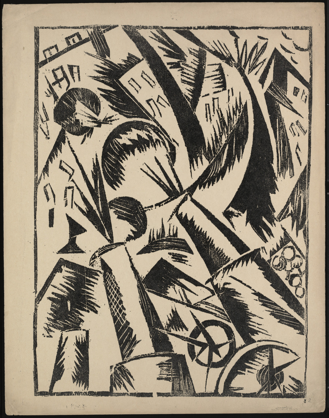The image has a composition of black and white angular shapes and lines resembling geometric forms and fragmented patterns. Predominant colors are black for the shapes and lines, and white for the background. This is an AI generated description. To give feedback, email ai@moma.org.