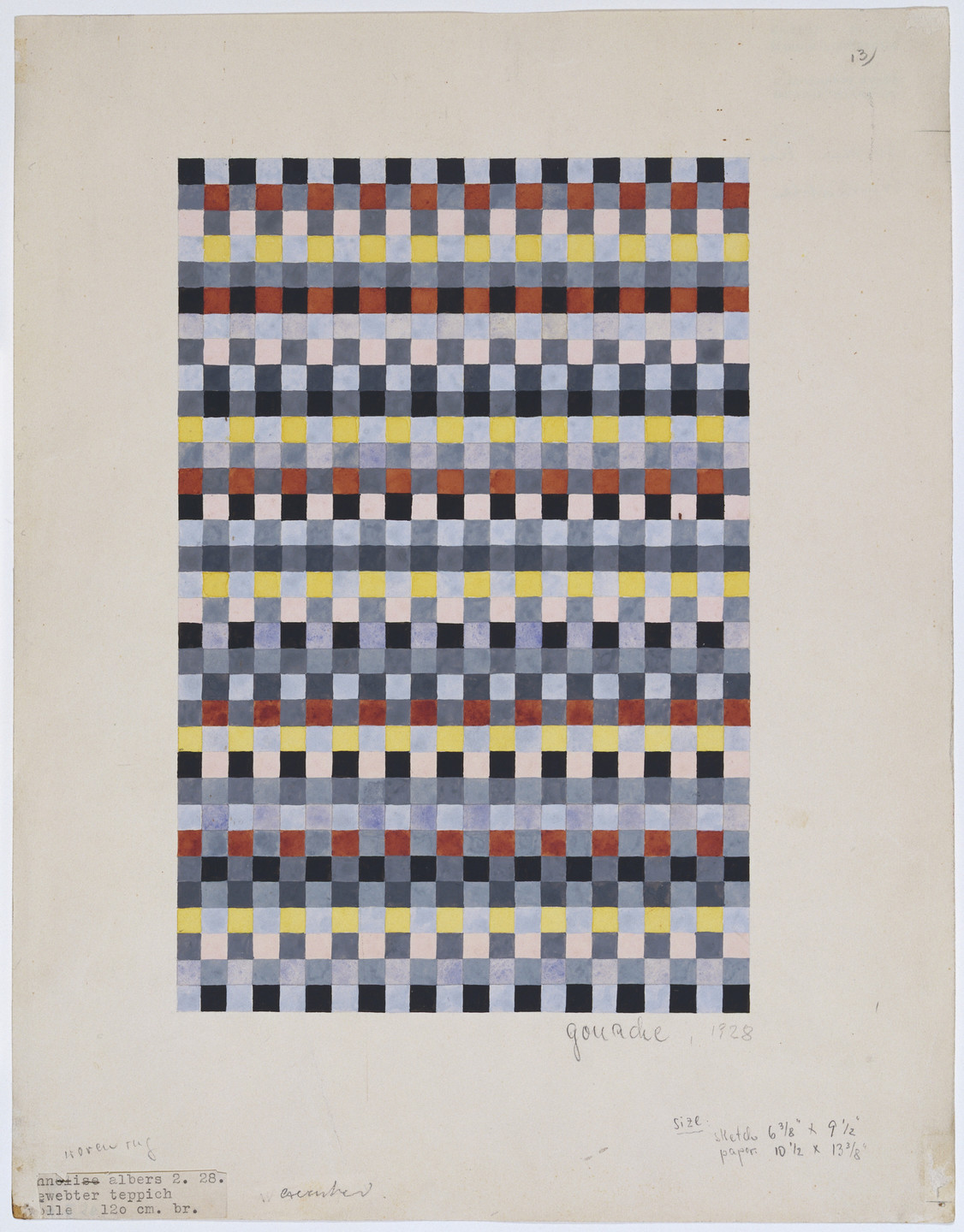 The image consists of a grid pattern with alternating rows and columns of small squares in black, blue, red, yellow, and pink. The background is off-white, and the grid extends across the entire central area of the image. This is an AI generated description. To give feedback, email ai@moma.org.