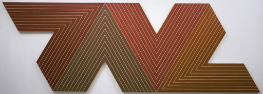 A geometric pattern with alternating rust red and brown hues forms a zigzag shape, outlined with parallel light beige lines. The image is set against a plain white background. This is an AI generated description. To give feedback, email ai@moma.org.