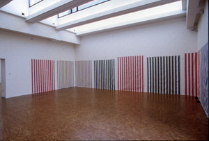 Striped cotton fabric with vertical white and colored bands of 8,7cm (+/- 0,3 cm) each. The two external white bands covered over with acrylic white paint recto-verso, [Tissu en coton rayé de bandes verticales blanches et colorées de 8,7cm (+/- 0,3 cm) ch