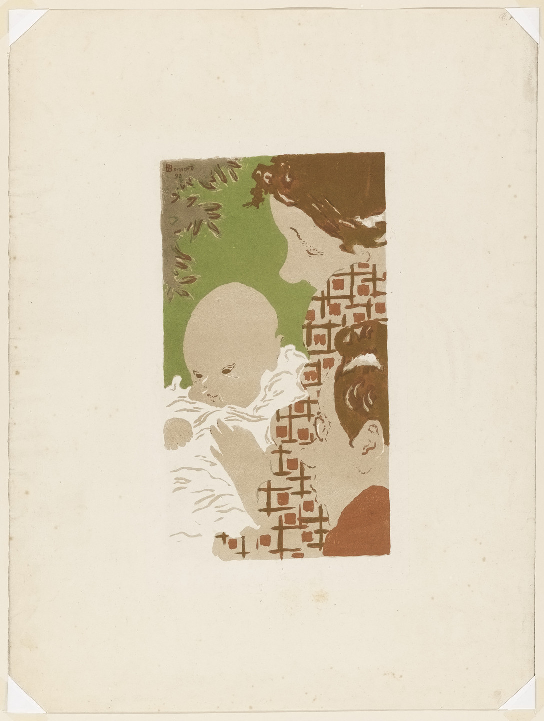 A person holds a baby wrapped in a white cloth against a patterned background, while another person with brown hair looks on. The scene predominantly features hues of green and brown. This is an AI generated description. To give feedback, email ai@moma.org.