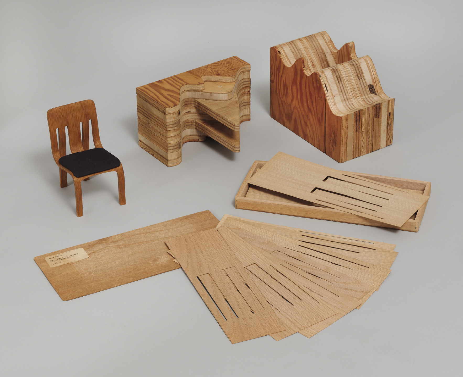 Peter Danko. Model Chair, Mold and Box Containing 9 Sheets of Plywood. 1976