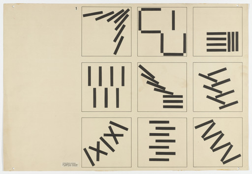 Albrecht Heubner. Studies in Composition. Given: Seven Bars of Equal Size (From Joost Schmidt's Bauhaus Design Course). 1930–1933