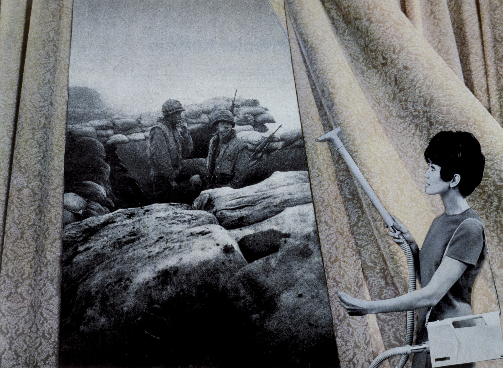 A person holds a vacuum with one hand and pulls back a yellow-gold curtain with the other, revealing an image of soldiers in a rocky trench beneath. The predominant colors are yellow-gold, gray, and blue. This is an AI generated description. To give feedback, email ai@moma.org.
