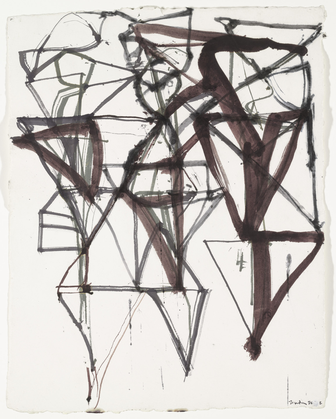 An abstract composition of intersecting and overlapping watercolor brushstrokes lines in black, with some sections in dark brown and green on a white background. The lines form irregular, geometric shapes throughout the piece. This is an AI generated description. To give feedback, email ai@moma.org.