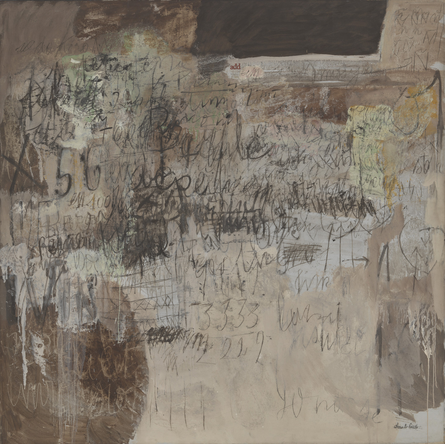 The image features a mix of overlapping numbers and words scribbled in black, grey, and brown across a background of beige, tan, and white patches. There are also areas of green and yellow, creating a chaotic, layered appearance. This is an AI generated description. To give feedback, email ai@moma.org.
