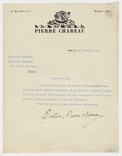Pierre Chareau. Pierre Chareau letterhead (Letter from Dollie Chareau to Jean Badovici). 1927