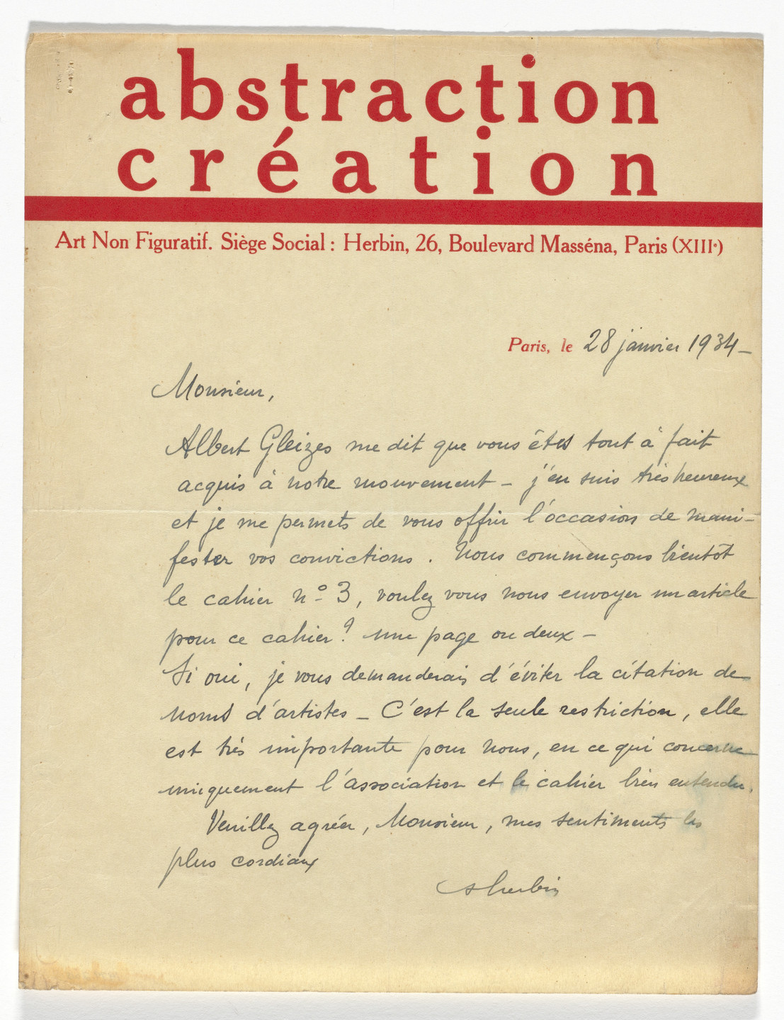A beige document titled &#34;abstraction création&#34; in large red text, with a red horizontal line below it. Handwritten French letter in black ink dated January 28, 1934, begins with &#34;Monsieur&#34; and ends with &#34;cordiaux&#34;. This is an AI generated description. To give feedback, email ai@moma.org.