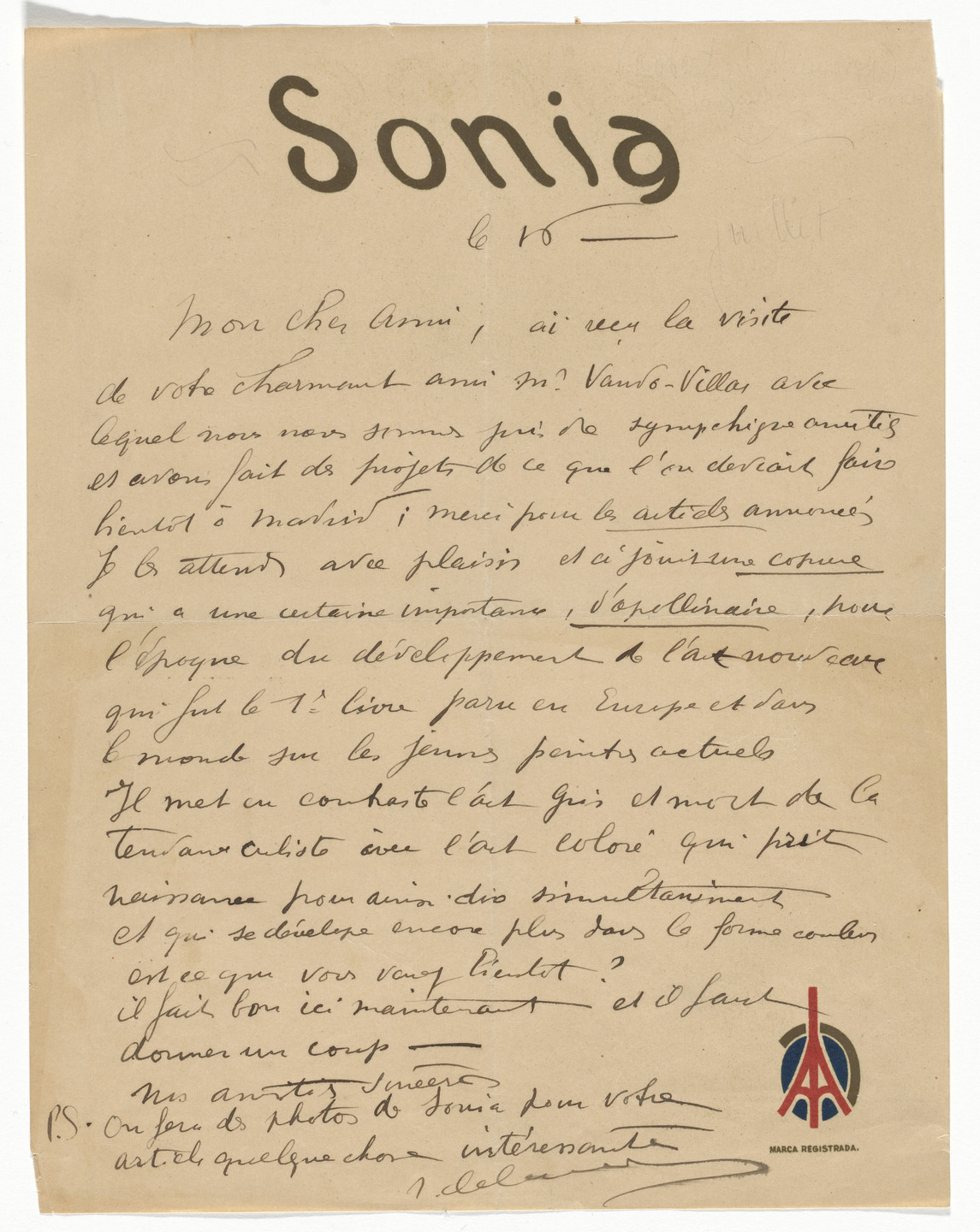 A piece of tan paper features handwritten text in dark ink and a black &#34;Sonia&#34; header. A red and blue logo resembling a stylized Eiffel Tower is in the lower right corner. This is an AI generated description. To give feedback, email ai@moma.org.