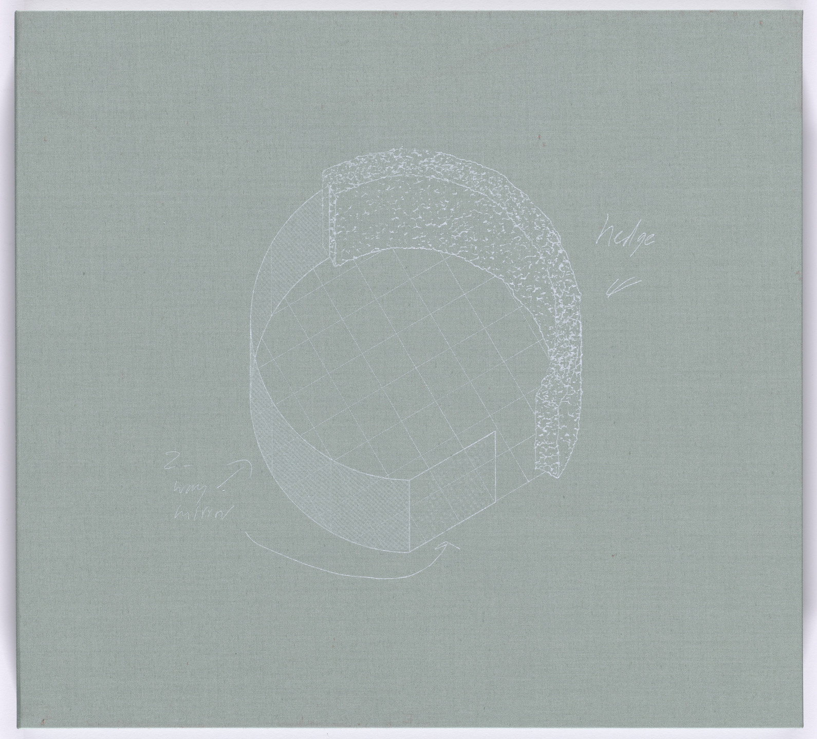 A light green canvas features a white line drawing of a segmented, circular structure with a text label &#34;hedge&#34; near the open part. Arrows and labels annotate the structure, indicating a &#34;2 way mirror.&#34; This is an AI generated description. To give feedback, email ai@moma.org.