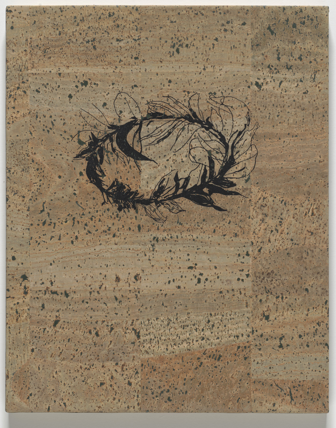 A tan canvas with a speckled texture contains a dark, loosely-drawn, circular arrangement of leaves and branches. The background has small, green, scattered specks throughout. This is an AI generated description. To give feedback, email ai@moma.org.