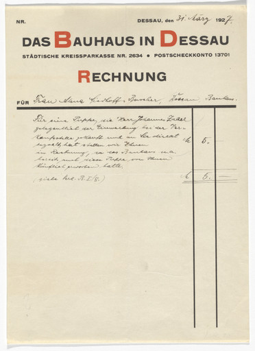 László Moholy-Nagy. Stationery invoice for Das Bauhaus in Dessau (For sale of a doll by Alma Siedhoff-Buscher). 1925