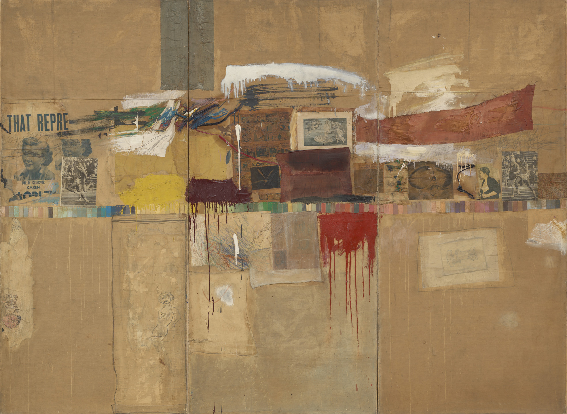 The image features a collage on a brown background with various materials including newspapers, colored stripes, and paint drips. Predominant colors are earthy tones, with touches of yellow, white, red, and blue. This is an AI generated description. To give feedback, email ai@moma.org.