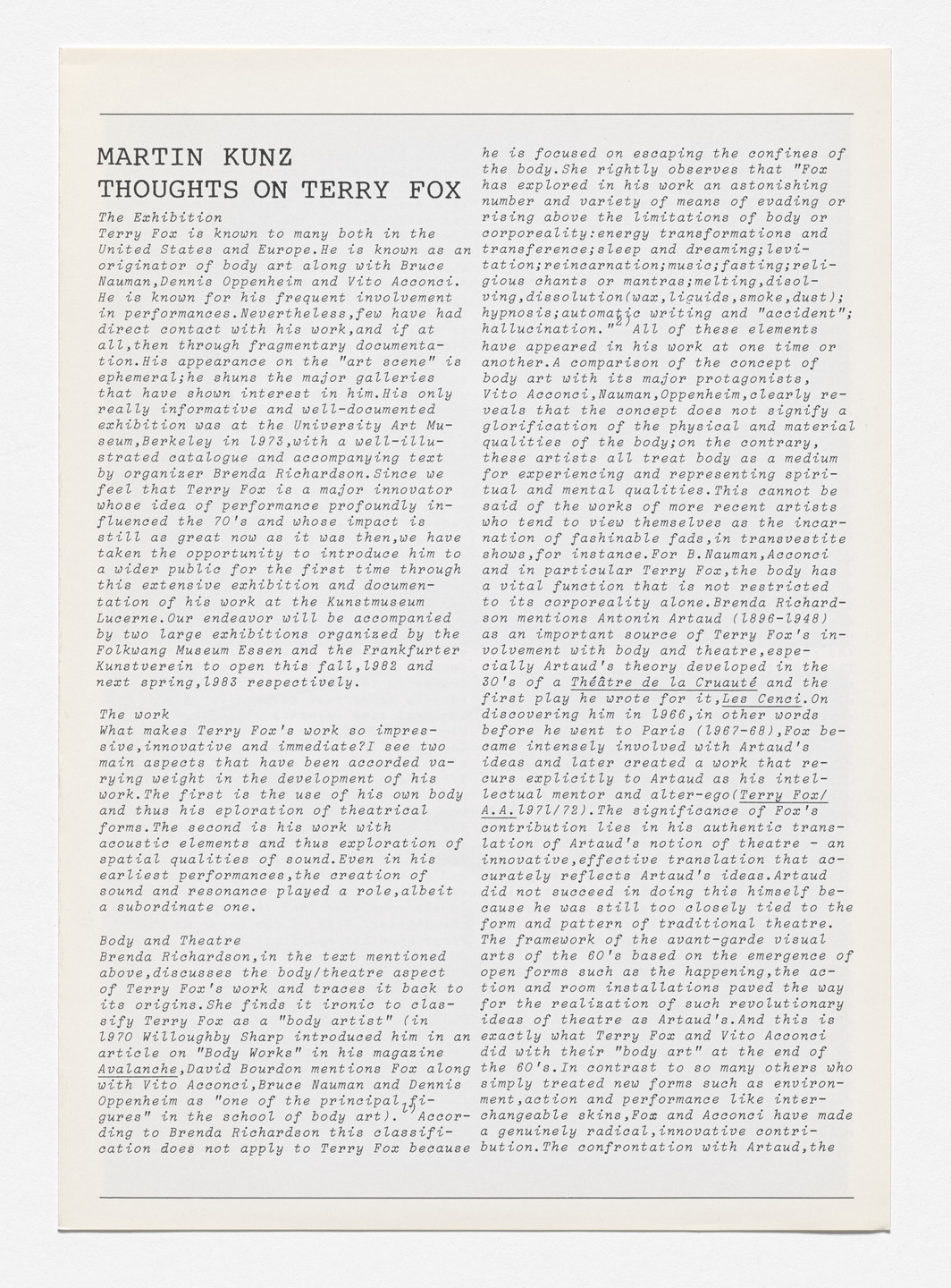 Terry Fox. Linkage. 1982