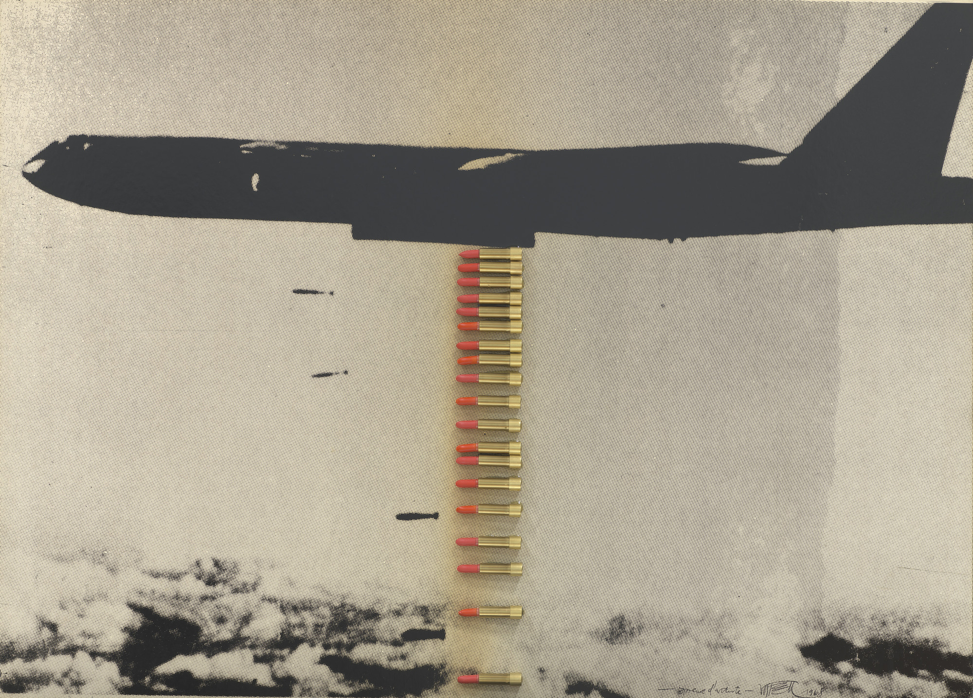 The image shows a black silhouette of an aircraft against a light grey background, with rows of yellow bullets, some with red tips, hanging vertically below the aircraft. The bottom part of the image has a darker textured area. This is an AI generated description. To give feedback, email ai@moma.org.