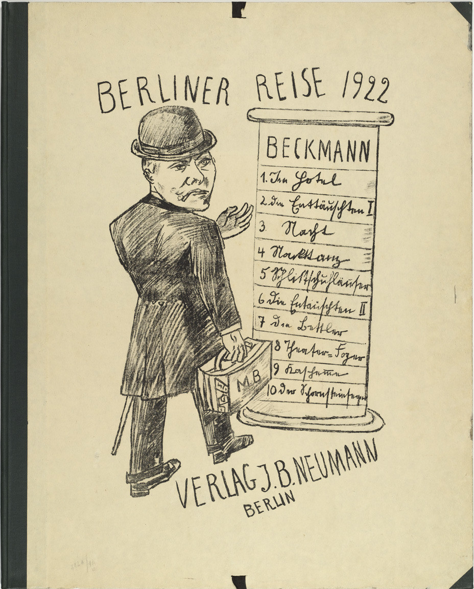 A person in dark clothing, holding a suitcase with "M.B" on it, stands next to a billboard listing various items and looks over their shoulder. Text above reads "Berliner Reise 1922" and below reads "Verlag J.B. Neumann, Berlin." This is an AI generated description. To give feedback, email ai@moma.org.