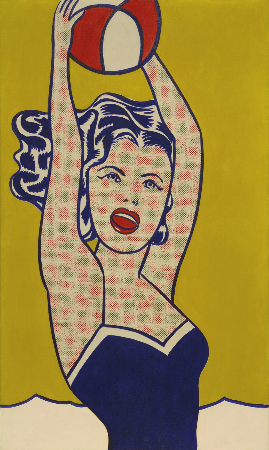 A person with wavy dark hair holds a colorful beach ball above their head, set against a yellow background. They wear a blue and white swimsuit and have red lips. This is an AI generated description. To give feedback, email ai@moma.org.
