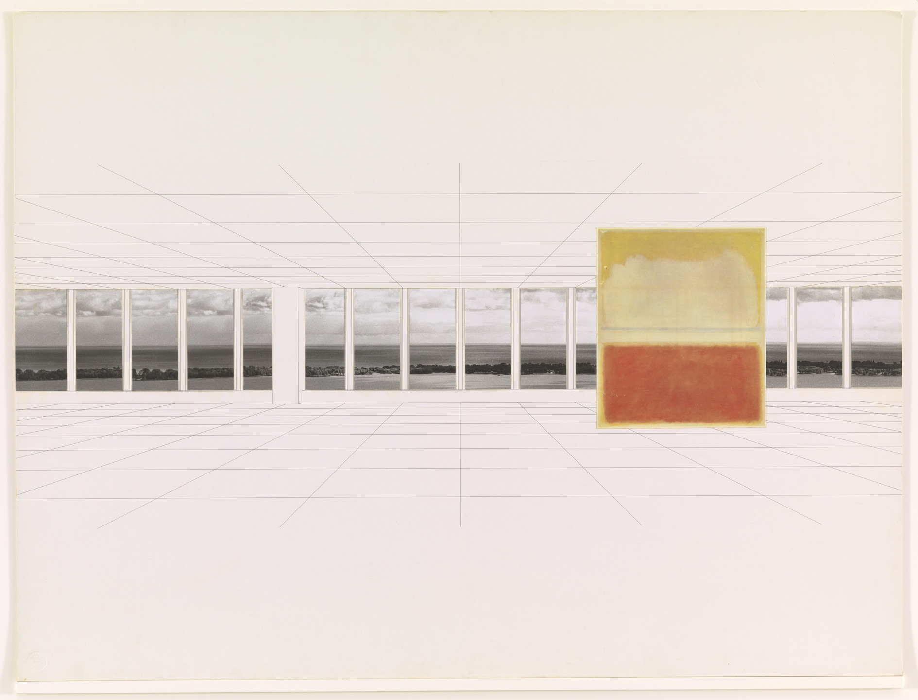 Ludwig Mies van der Rohe. Georg Schaefer Museum project, Schweinfurt, Germany (Interior perspective with view of site). 1960–1963