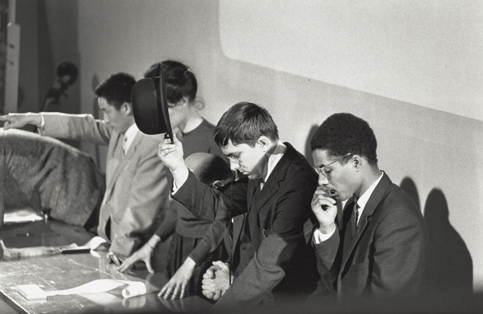 George Maciunas, Dick Higgins, Nam June Paik, Alison Knowles, Emmett Williams, George Maciunas, Benjamin Patterson. George Maciunas&#39; In Memoriam to Adriano Olivetti, performed during Concert No. 5, Fluxus Internationale Festspiele Neuester Musik, Städtisches Museum, Wiesbaden, September 8, 1962. 1962