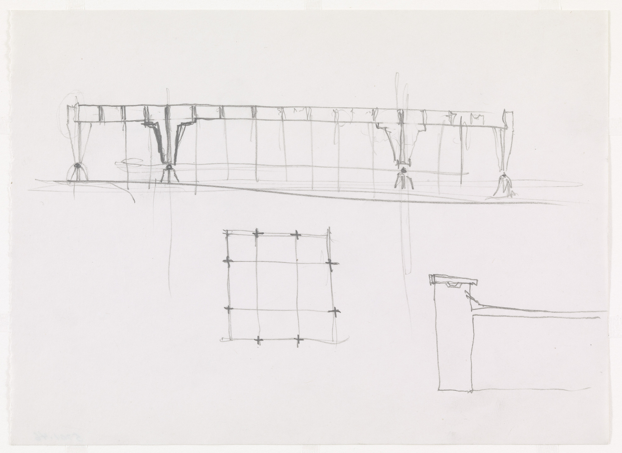 Ludwig Mies van der Rohe. Ron Bacardi y Compania, S.A., Administration Building, project, Santiago, Cuba, Longitudinal elevations, plan, exterior elevations. 1957