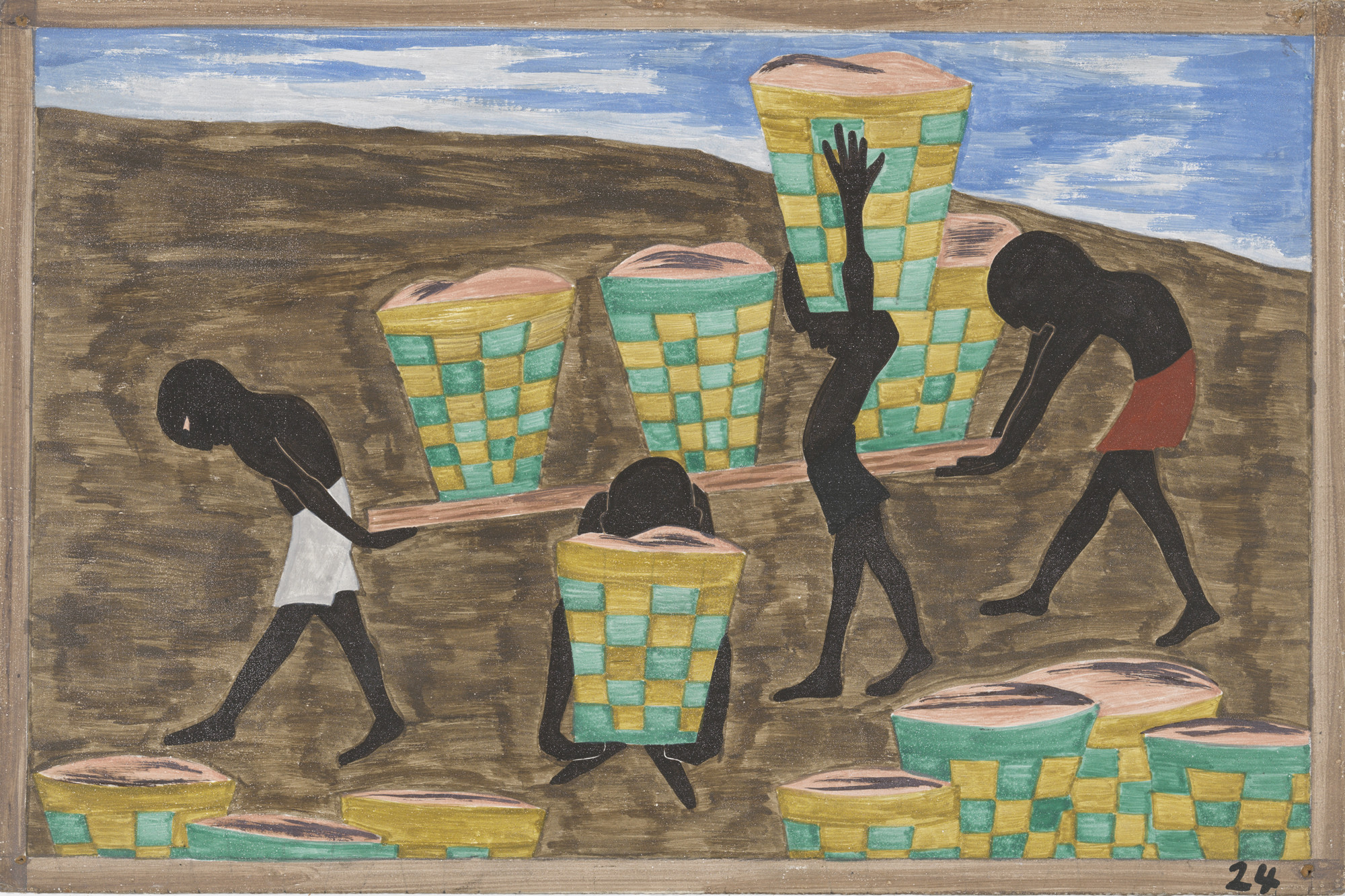 The image depicts five silhouetted figures carrying large, green and yellow checkered baskets with pink content. The background is a brown, uneven field with a blue sky with white clouds. This is an AI generated description. To give feedback, email ai@moma.org.