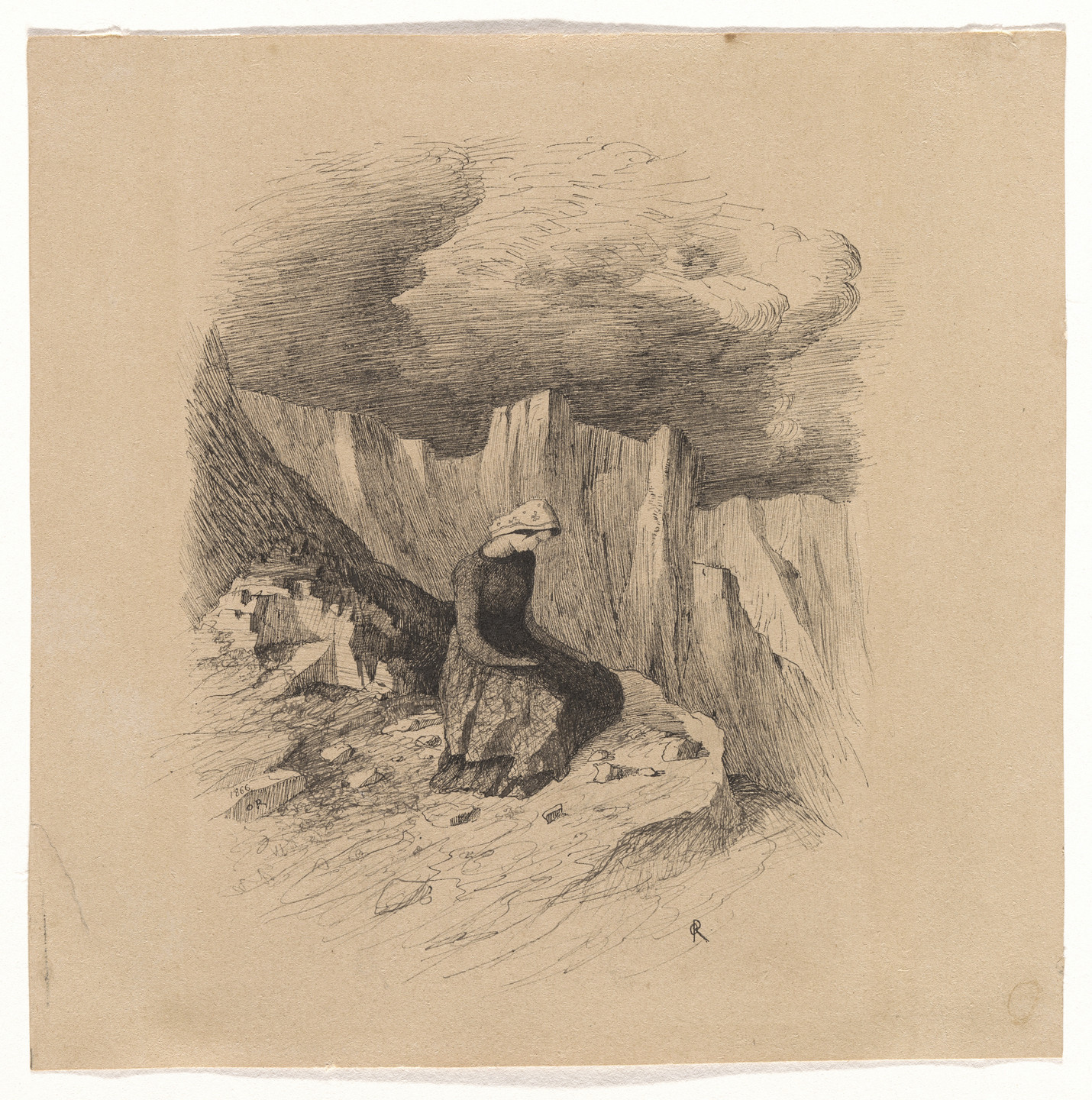 Odilon Redon. Seated Woman Surrounded by Cliffs. 1866