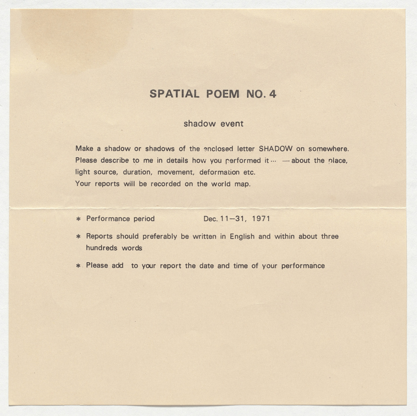 Mieko Shiomi. Spatial Poem No. 4. 1971