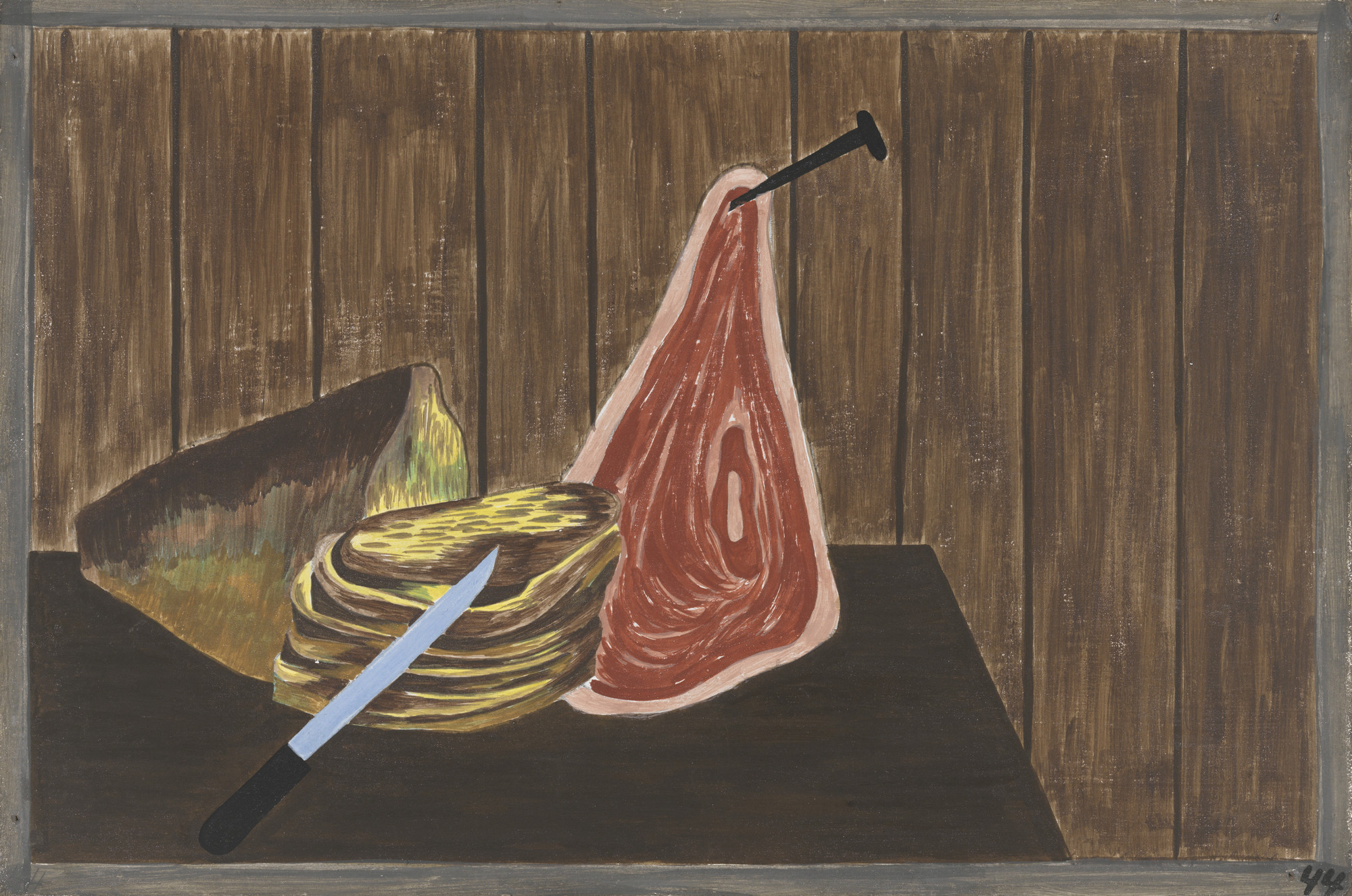 A wooden table holds a knife, sliced bread, a wedge of cheese, and a slice of red meat hanging from a nail on a wooden wall backdrop. Predominant colors are brown, yellow, red, and black. This is an AI generated description. To give feedback, email ai@moma.org.