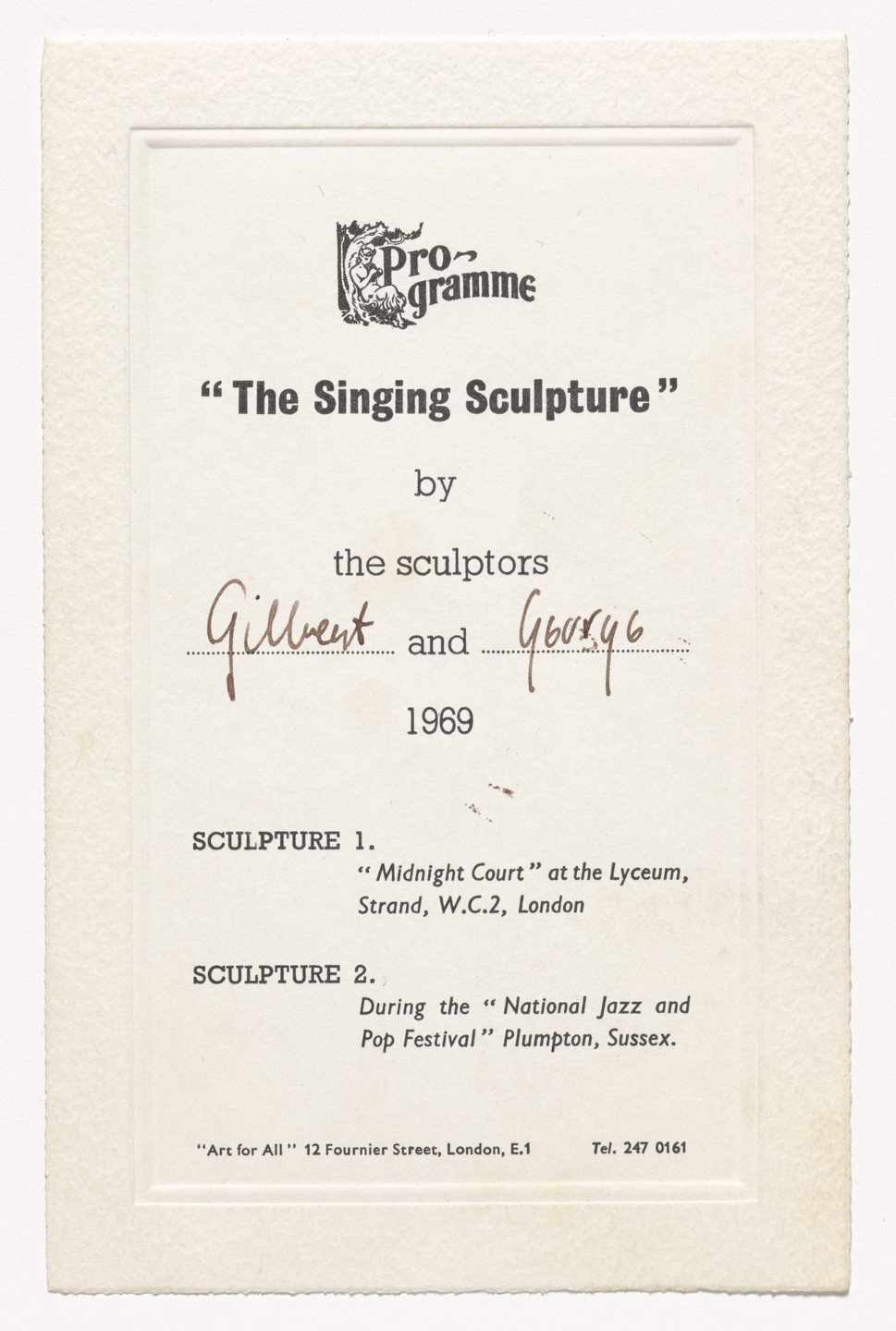 Gilbert &amp; George. Announcement card for The Singing Sculpture. 1969
