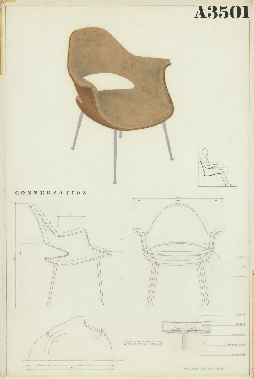 Charles Eames, Eero Saarinen. Low-Back Armchair (Entry Panel for MoMA Competition for Organic Design in Home Furnishings). 1940