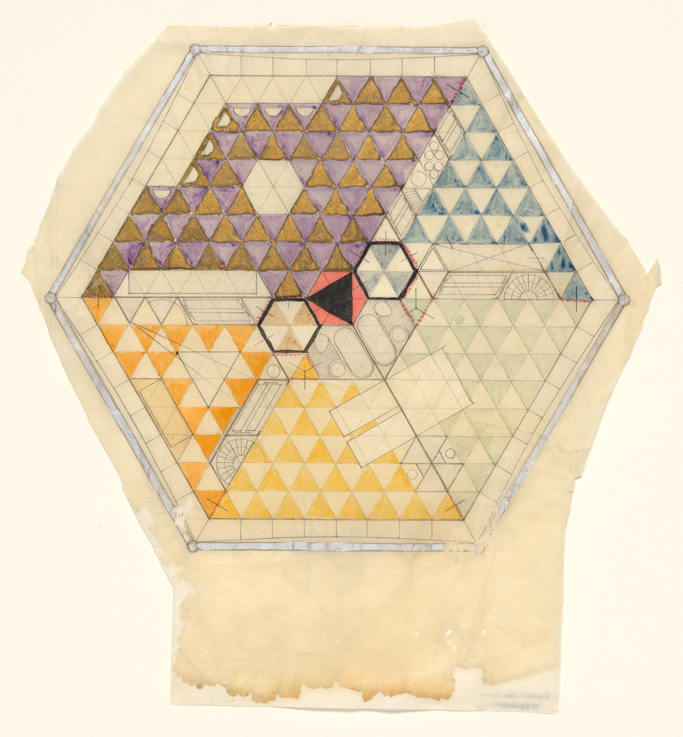The image depicts a hexagonal grid filled with various colored triangles, predominantly purple, gold, orange, yellow, blue, and grey. At the center there is also a black triangle and two black outlined hexagons as well as some ovals and other curved lines in pencil. This is an AI generated description. To give feedback, email ai@moma.org.