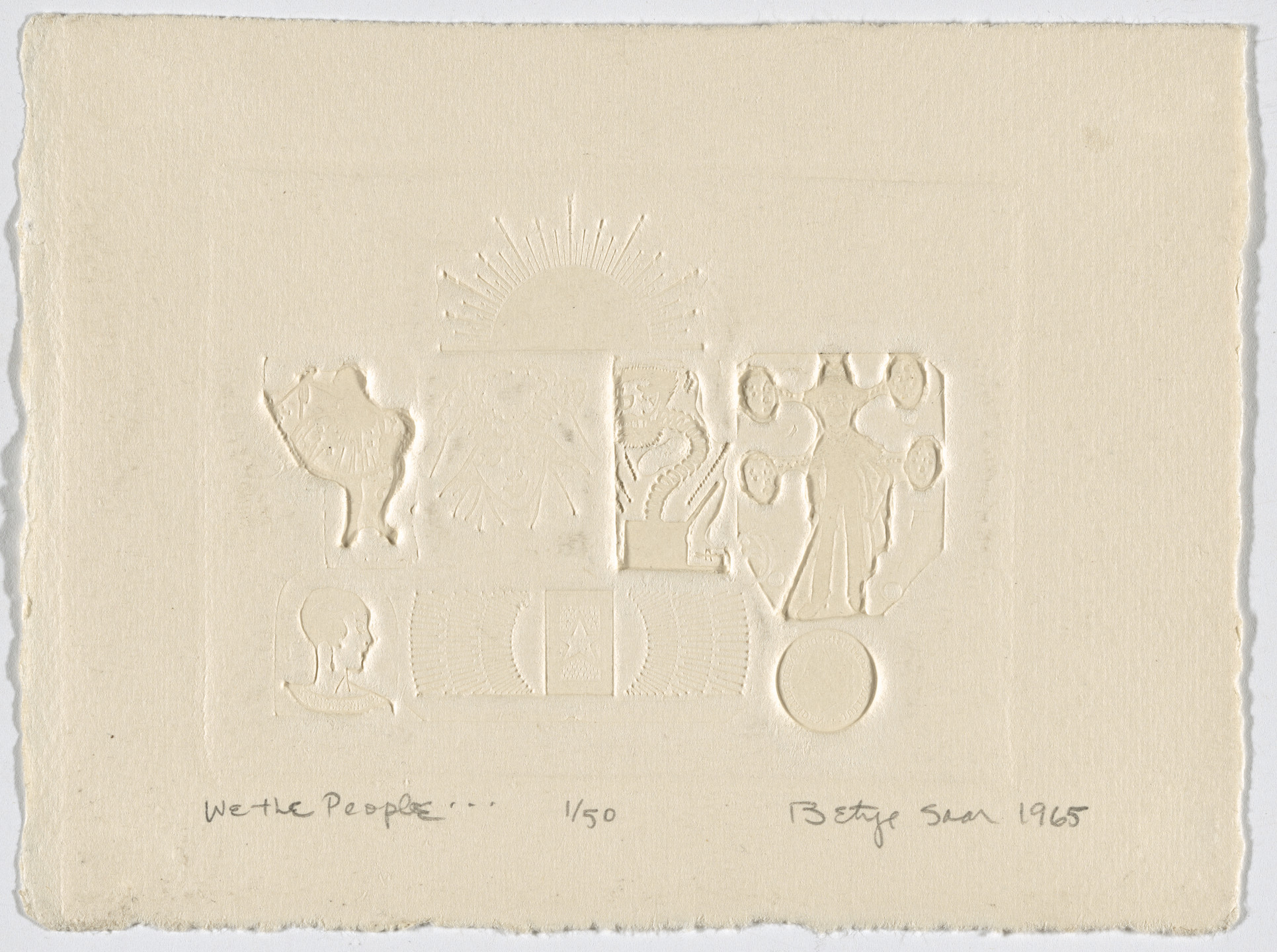 The image consists of embossed, cream-colored paper with various raised elements, including a sunburst, human figures, and geometric shapes. The bottom of the paper has handwritten text and numbers. This is an AI generated description. To give feedback, email ai@moma.org.
