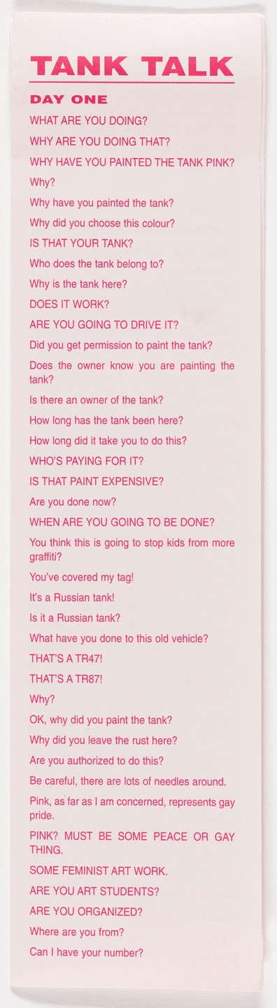 Aleksandra Mir. Tank Talk brochure for Pink Tank, produced for the exhibition Publicness, Institute of Contemporary Art, London, January 29–March 16, 2003. 2003