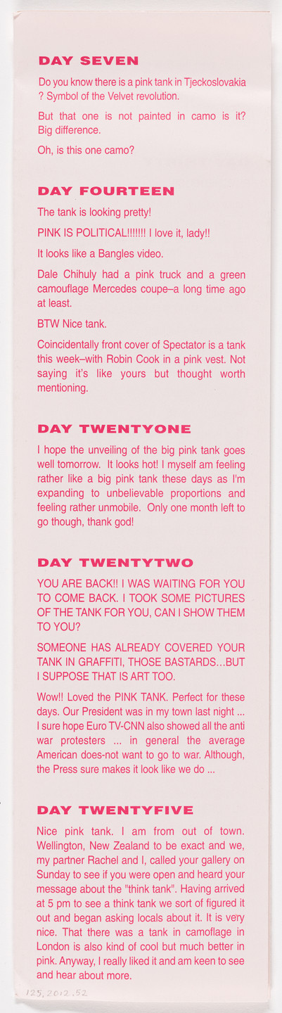 Aleksandra Mir. Tank Talk brochure for Pink Tank, produced for the exhibition Publicness, Institute of Contemporary Art, London, January 29–March 16, 2003. 2003