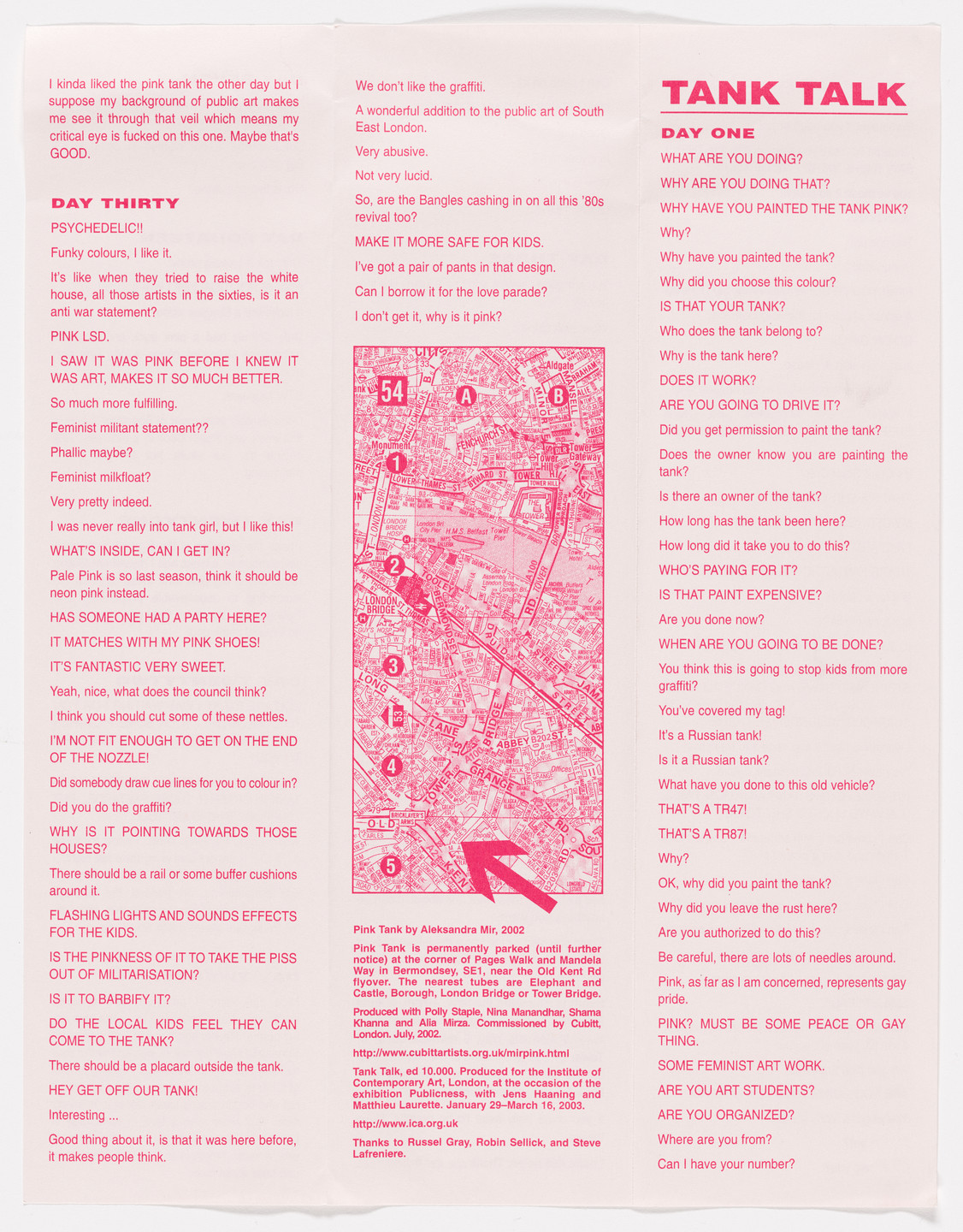 Aleksandra Mir. Tank Talk brochure for Pink Tank, produced for the exhibition Publicness, Institute of Contemporary Art, London, January 29–March 16, 2003. 2003