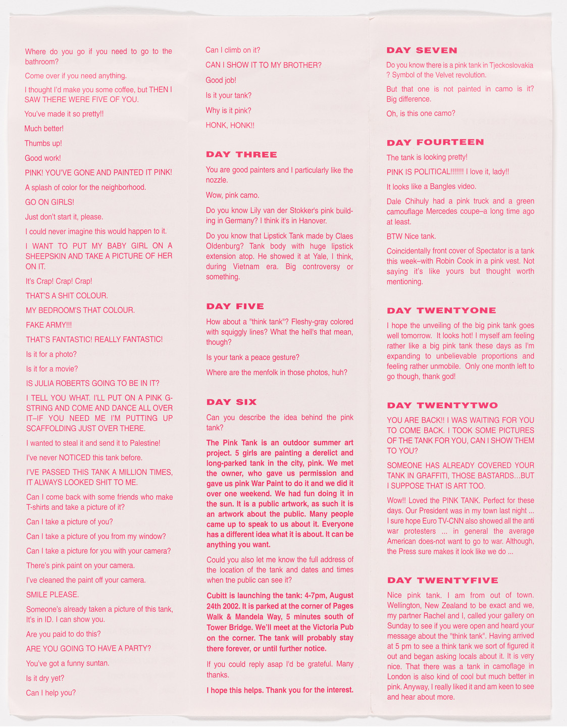 Aleksandra Mir. Tank Talk brochure for Pink Tank, produced for the exhibition Publicness, Institute of Contemporary Art, London, January 29–March 16, 2003. 2003