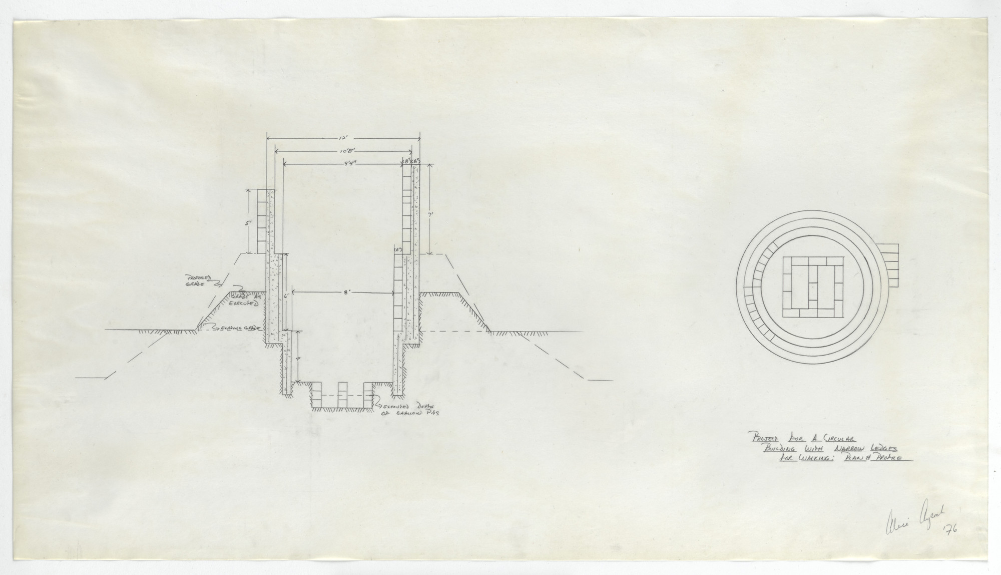 Alice Aycock. Project for a Circular Building with Narrow Ledges for Walking: Plan and Profile. 1976