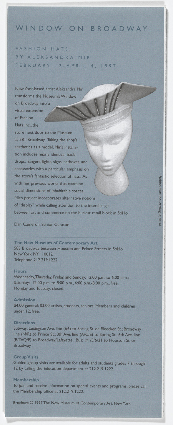 Aleksandra Mir. Brochure for Window on Broadway: Fashion Hats by Aleksandra Mir, The New Museum of Contemporary Art, February 12–April 4, 1997. 1997