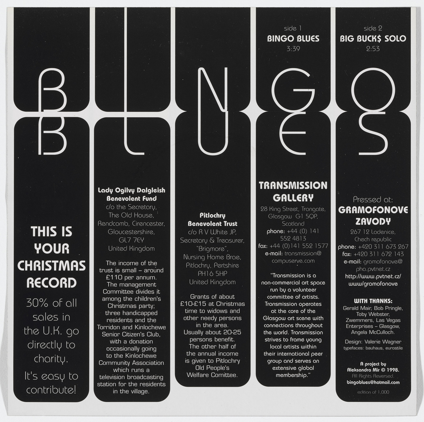 Aleksandra Mir. Bingo Blues: A Transmission Release Project. 1998