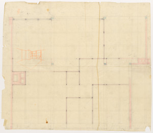 Weissenhof Apartment House, "The Dwelling" Exhibition, Stuttgart, Germany (Plan, framing system. Interior perspective.)