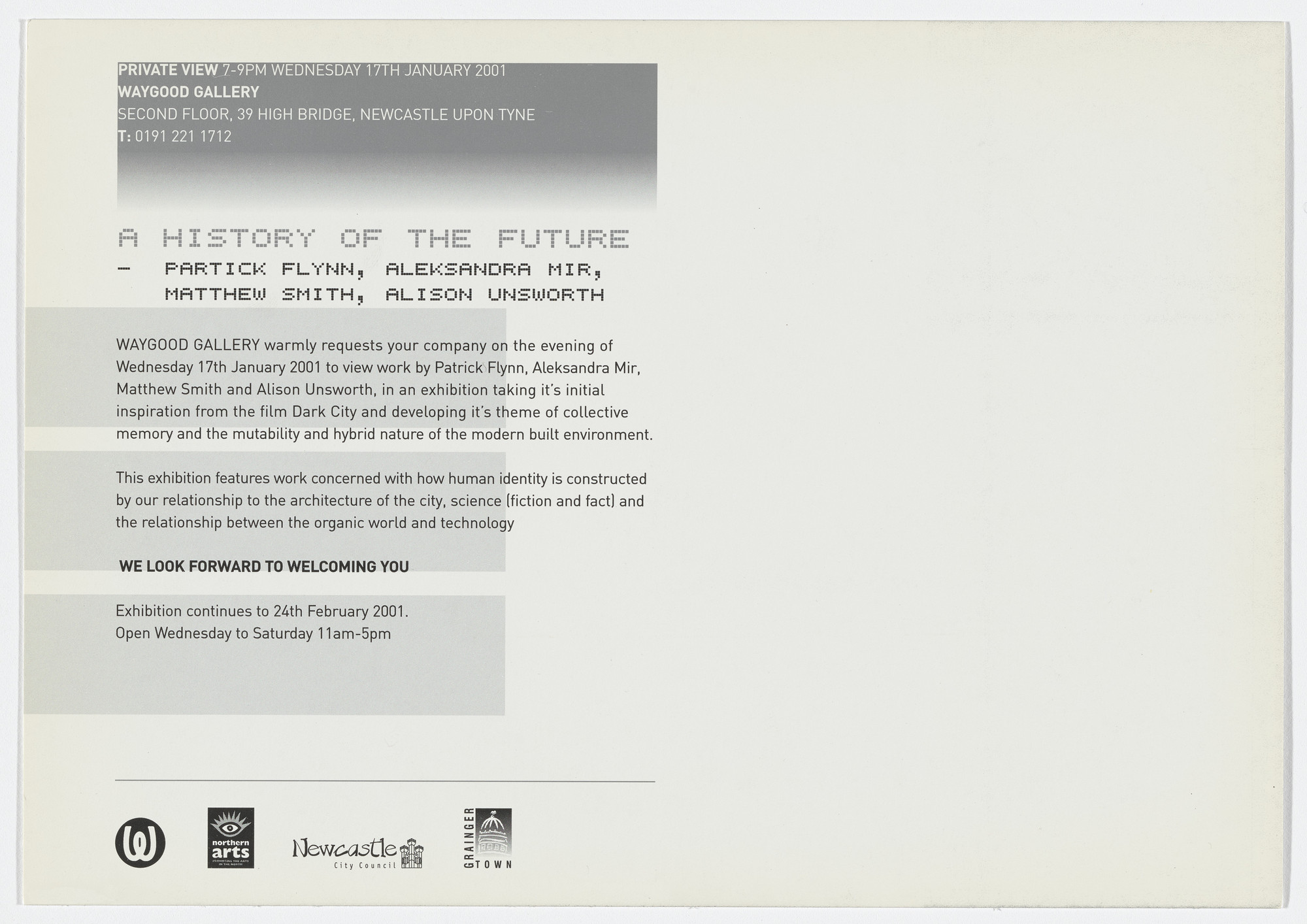 Aleksandra Mir. Invitation to A History of the Future: Patrick Flynn, Aleksandra Mir, Matthew Smith, Alison Unsworth, Waygood Gallery, Newcastle upon Tyne, January 17–February 24, 2001. 2001