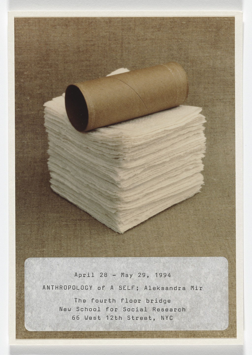 Aleksandra Mir. Announcement card for Anthropology of a Self; Aleksandra Mir, The New School for Social Research, New York, April 28–May 29, 1994. 1994